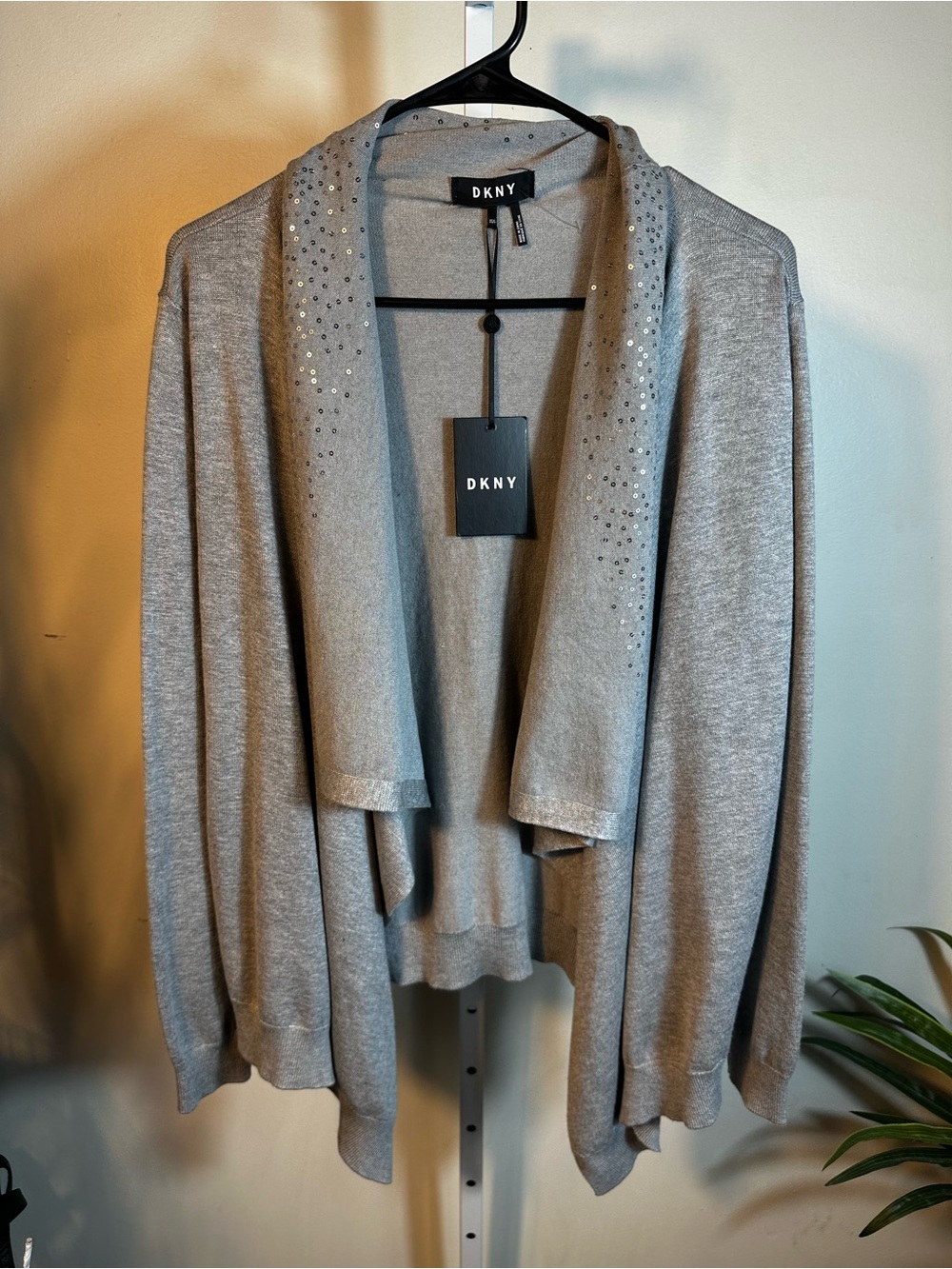 P264. DKNY Women's Gray Open-Front Sweater with Sequin Detail